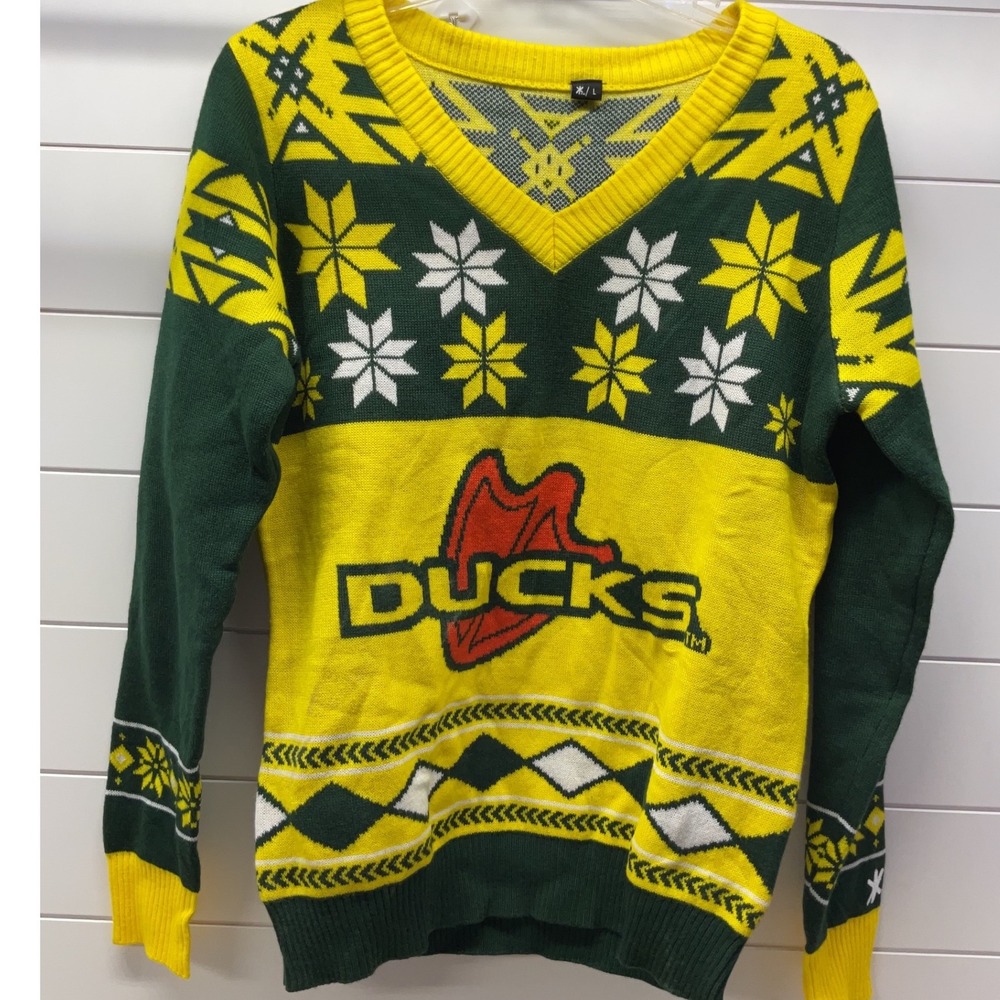 Oregon Ducks NCAA Ugly Christmas Sweater Green Yellow V-Neck Knit Mens Large